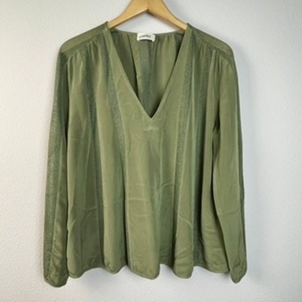 L´AGENCE Olive Green V Neck Long Sleeve Sheer Trim Blouse Women´s Size L/XL